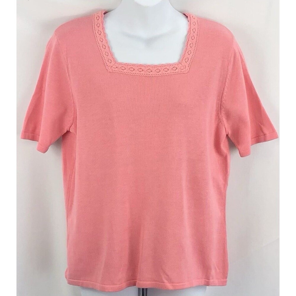 NWT Laura Scott Crochet Knit Sweater L Peach SquareNeck ShortSleeve Cottage